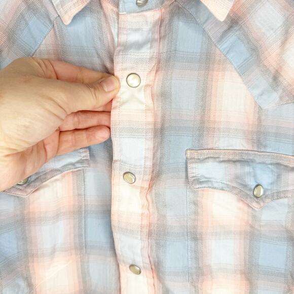 Faherty Artisan Twill Western Shirt Collared Pink Blue Plaid Pearlized Buttons M - Picture 5 of 13